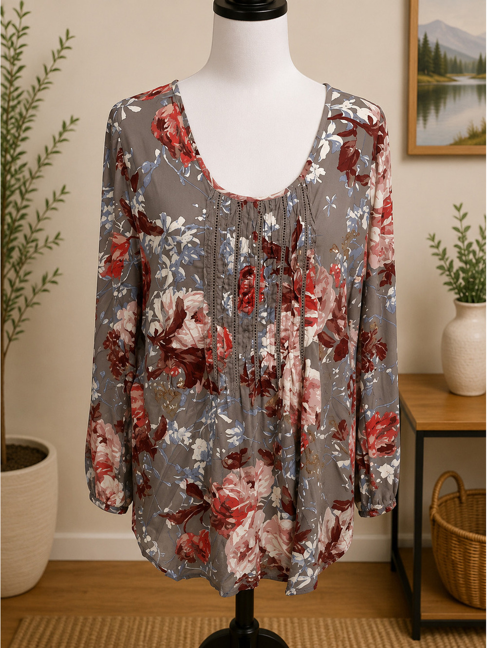 Size Large Daniel Rainn Gray Floral Long Sleeve Blouse